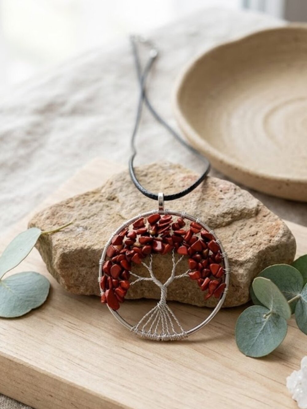Red Jasper Tree of Life Pendant Silver Wire Wrapped Boho Gemstone Necklace